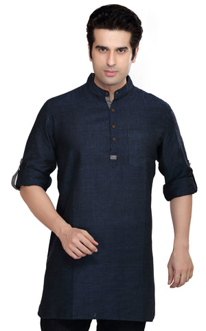 Men's navy blue cotton blend band collar knee-length kurta, front view.