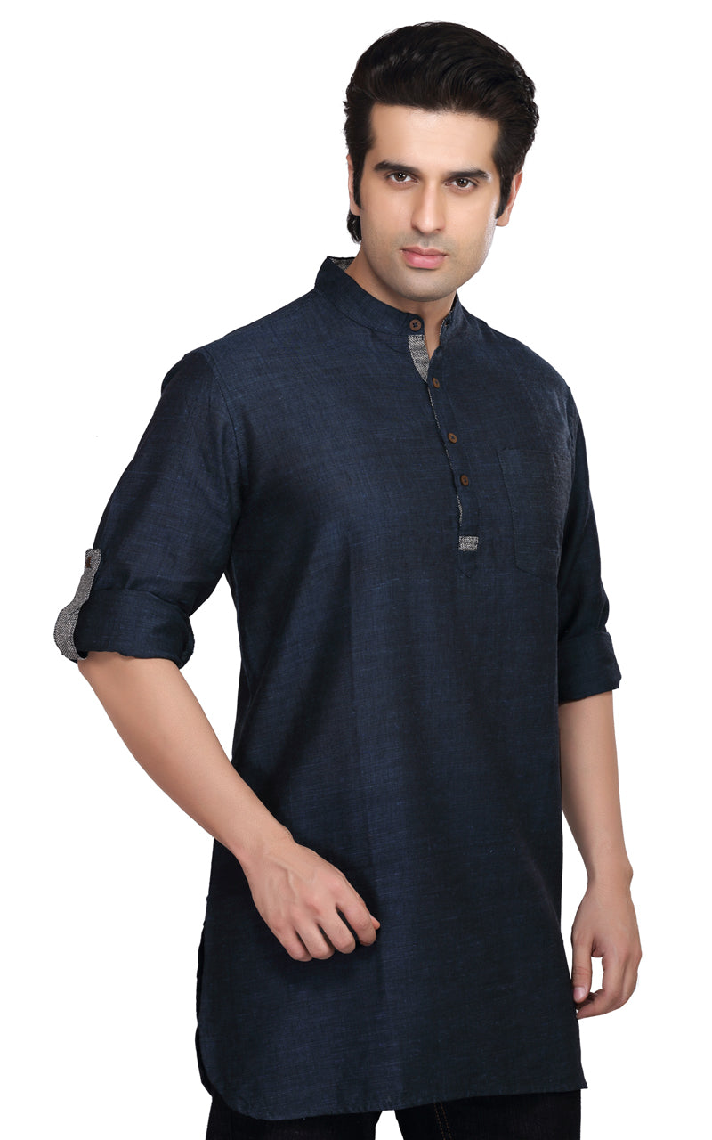 Men's navy blue cotton blend band collar knee-length kurta, side view.