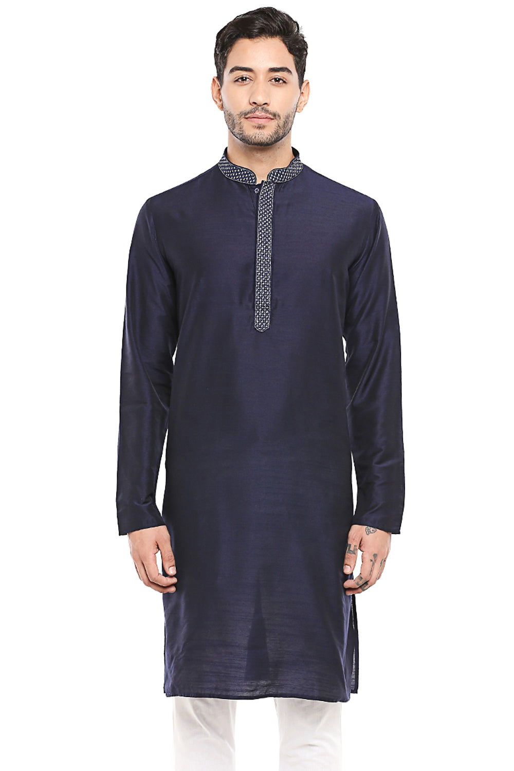 Men's navy blue embroidered cotton knee-length kurta, alternate front view.