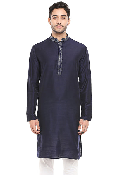 Men's navy blue embroidered cotton knee-length kurta, alternate front view.