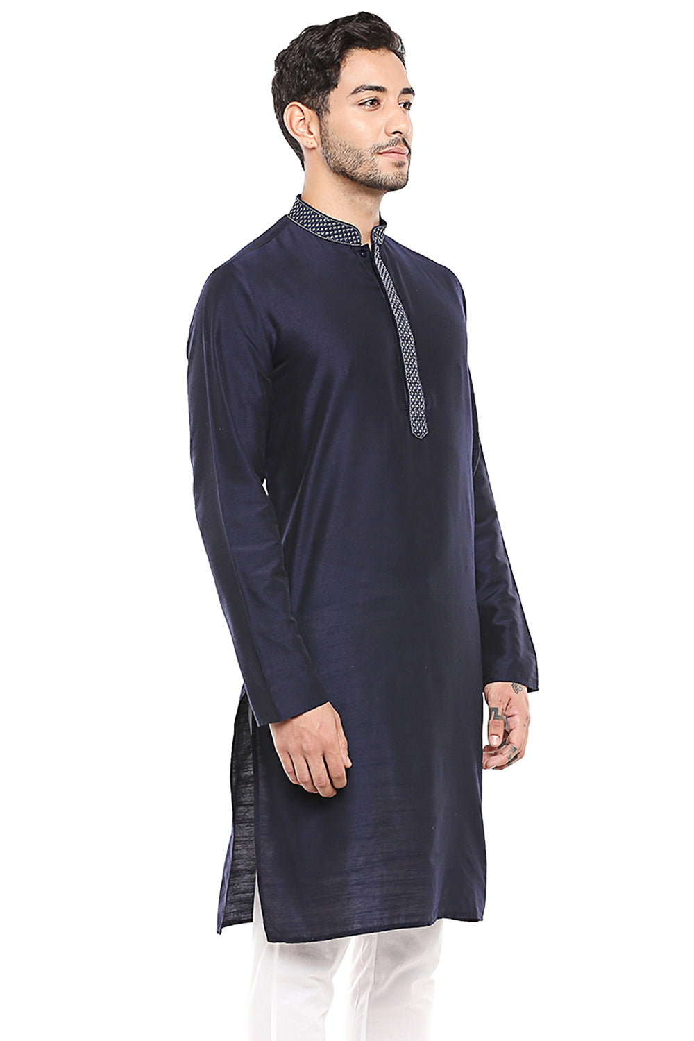Men's navy blue embroidered cotton knee-length kurta, alternate side view.