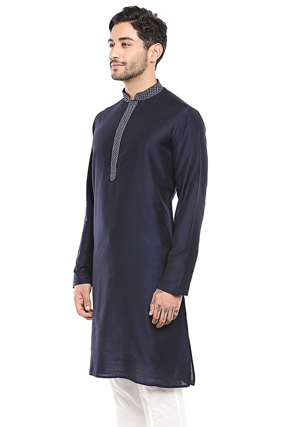 Men's navy blue embroidered cotton knee-length kurta, back view.