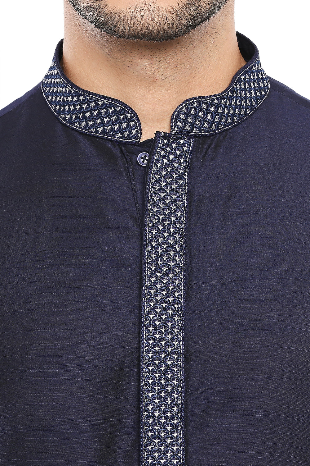 Men's navy blue embroidered cotton knee-length kurta, close-up detail.
