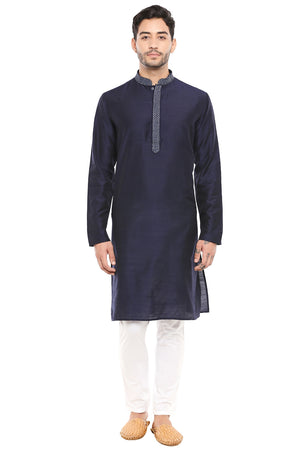 Men's navy blue embroidered cotton knee-length kurta, front view.