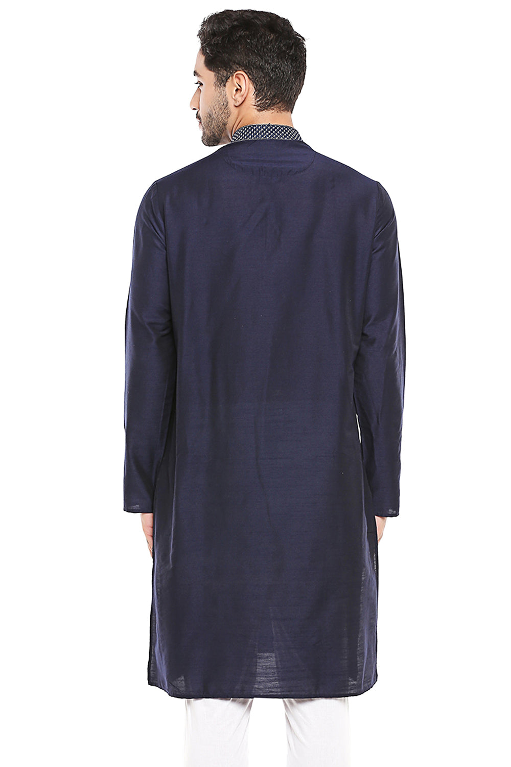 Men's navy blue embroidered cotton knee-length kurta, side view.