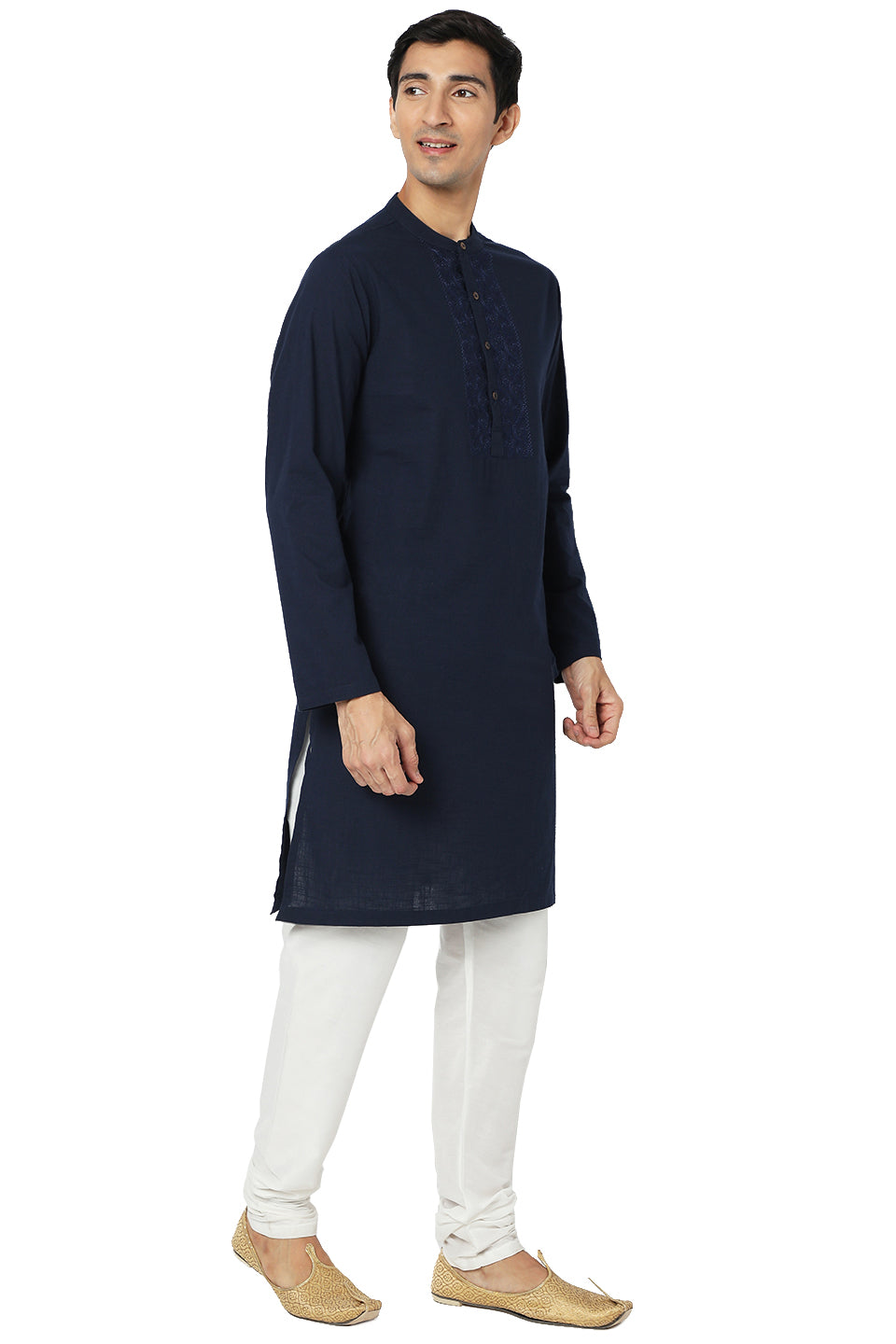Men's navy blue embroidered cotton knee-length style 2, alternate front view.