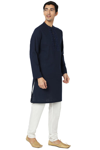 Men's navy blue embroidered cotton knee-length style 2, alternate front view.