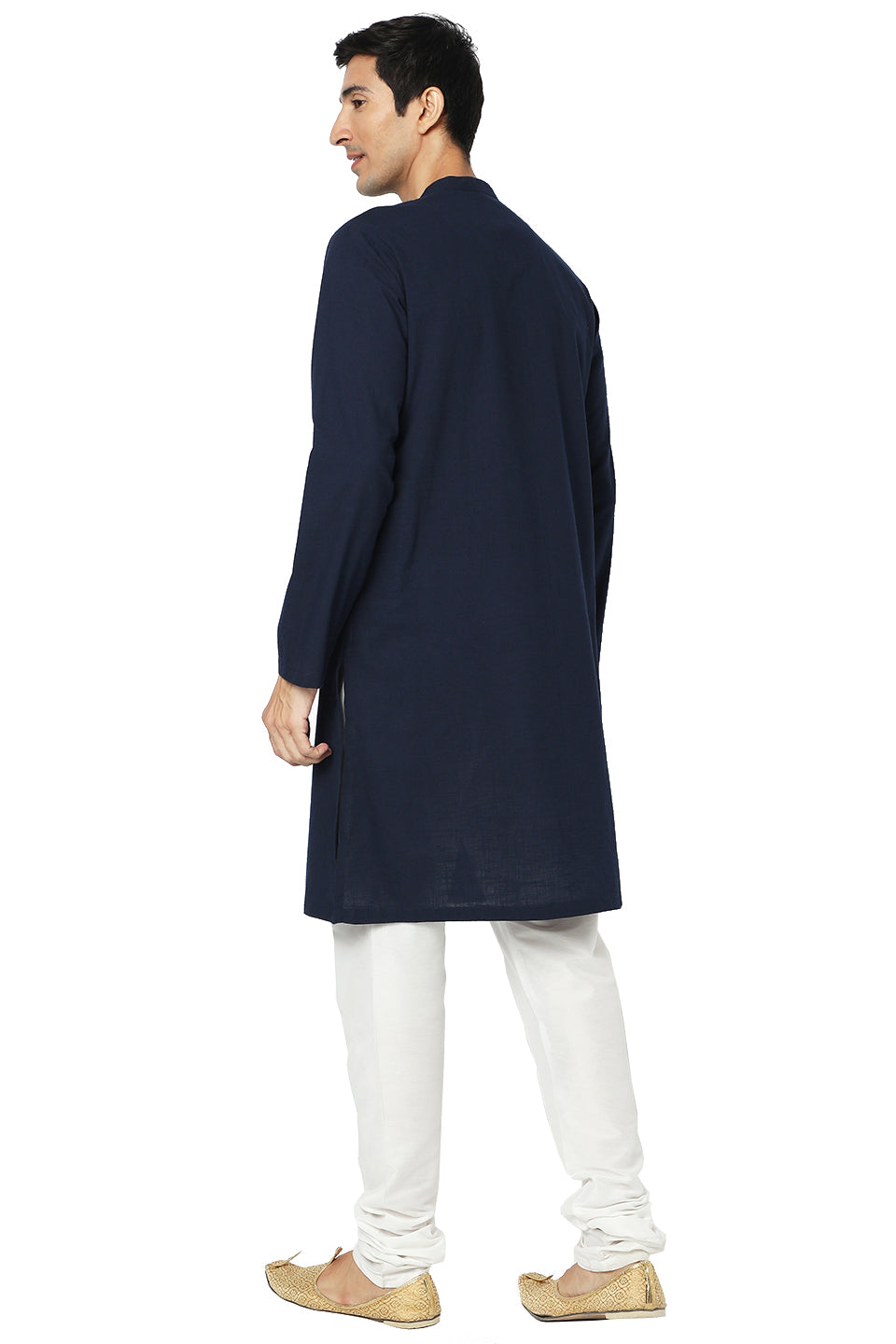 Men's navy blue embroidered cotton knee-length style 2, alternate side view.