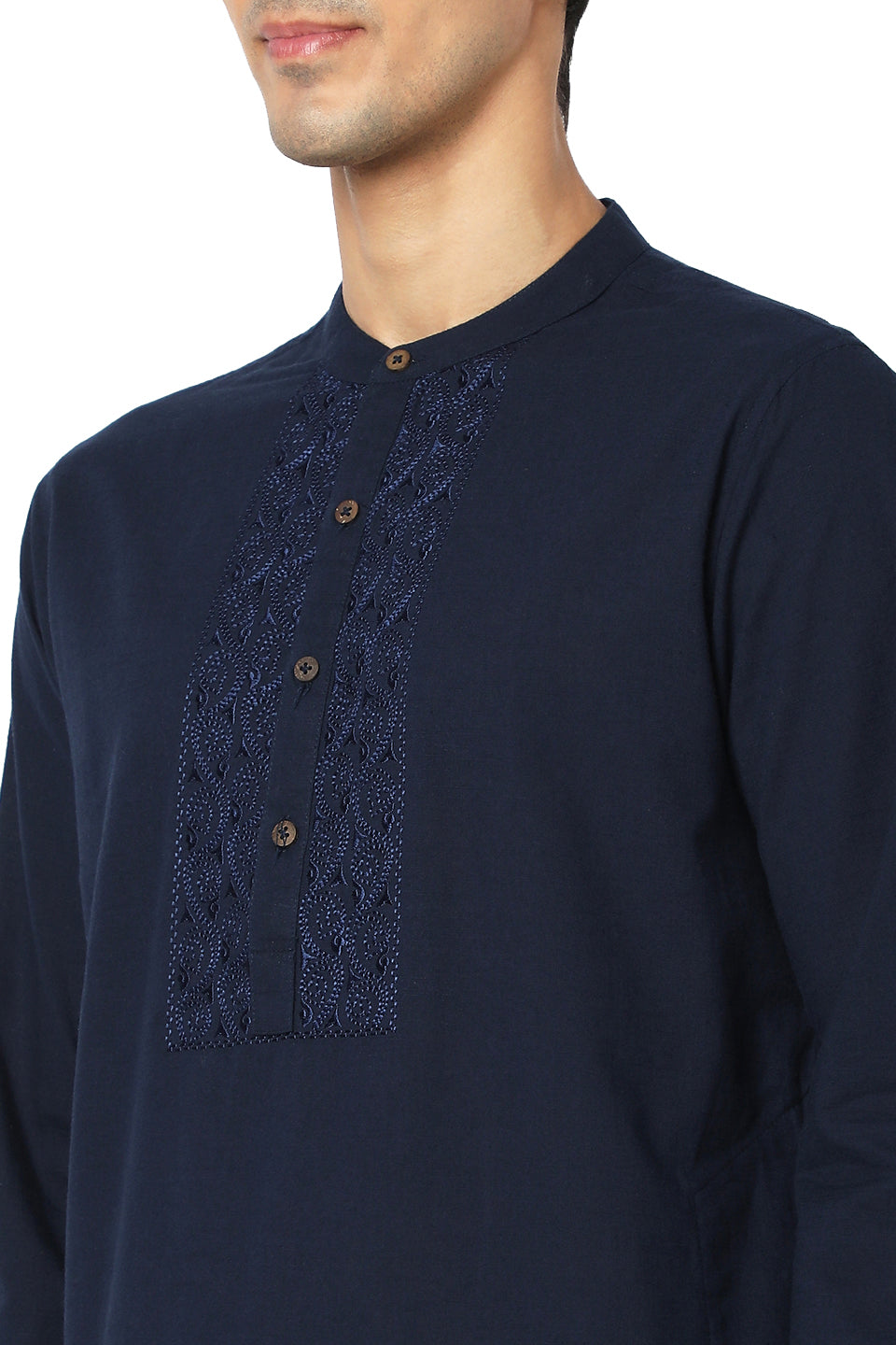 Men's navy blue embroidered cotton knee-length style 2, back view.