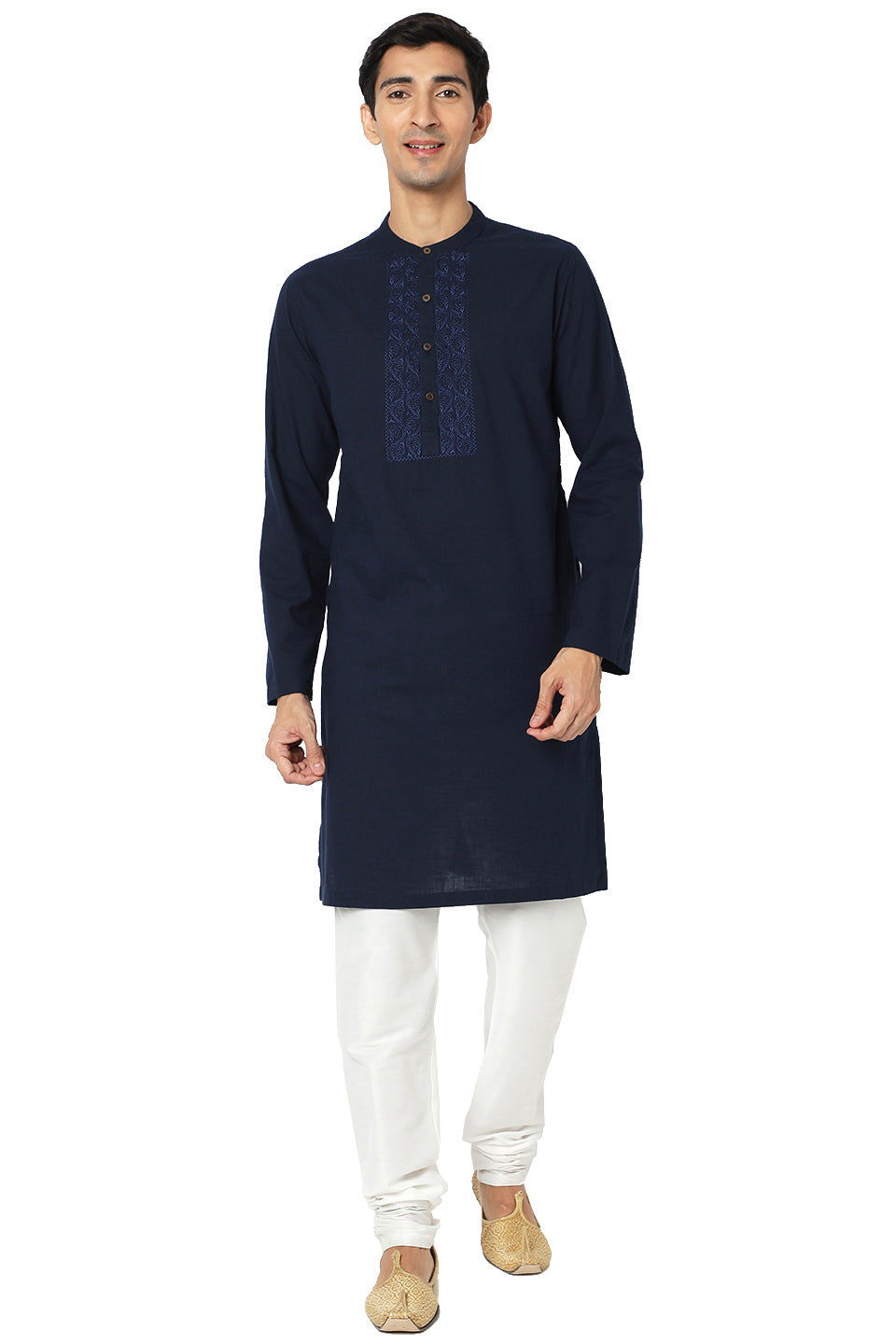 Men's navy blue embroidered cotton knee-length style 2, close-up detail.
