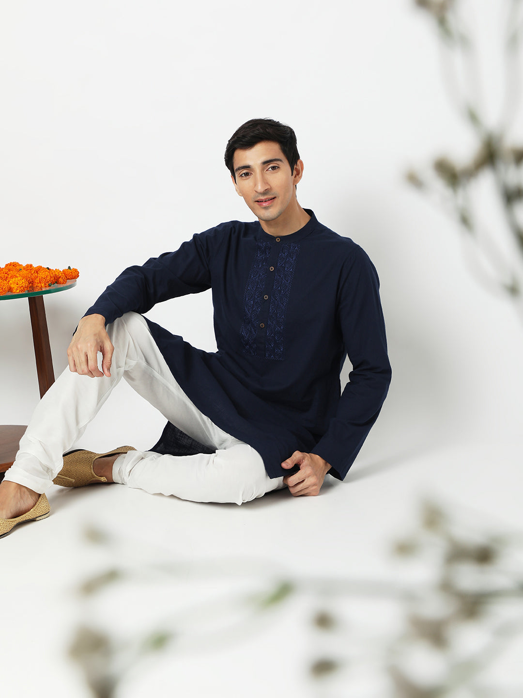 Men's navy blue embroidered cotton knee-length style 2, collar and neckline detail.