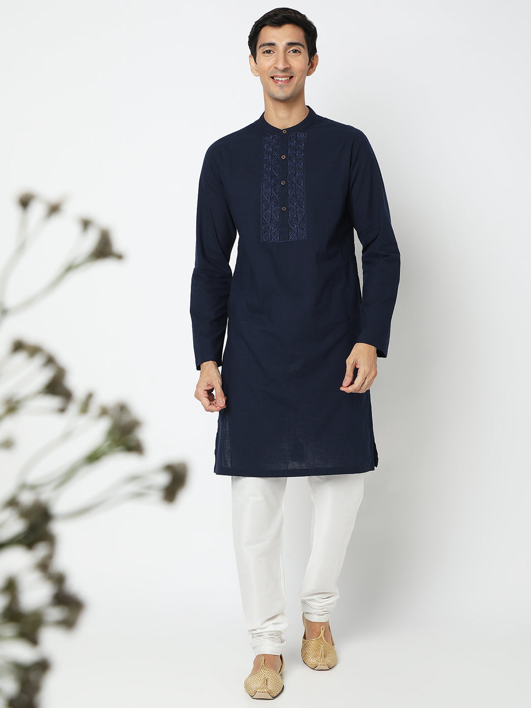 Men's navy blue embroidered cotton knee-length style 2, fabric texture detail.