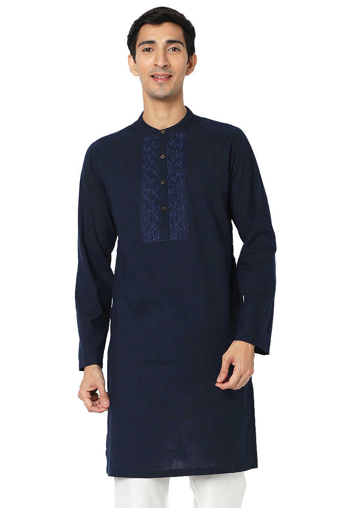 Men's navy blue embroidered cotton knee-length style 2, front view.