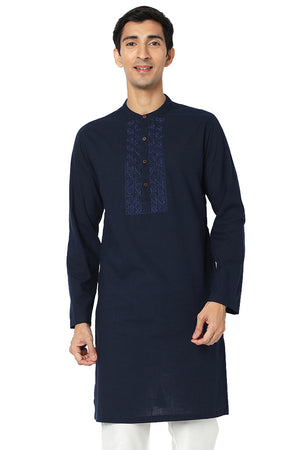 Men's navy blue embroidered cotton knee-length style 2, front view.