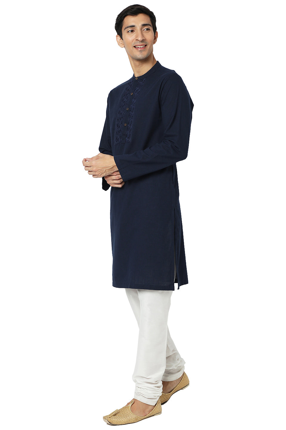 Men's navy blue embroidered cotton knee-length style 2, side view.