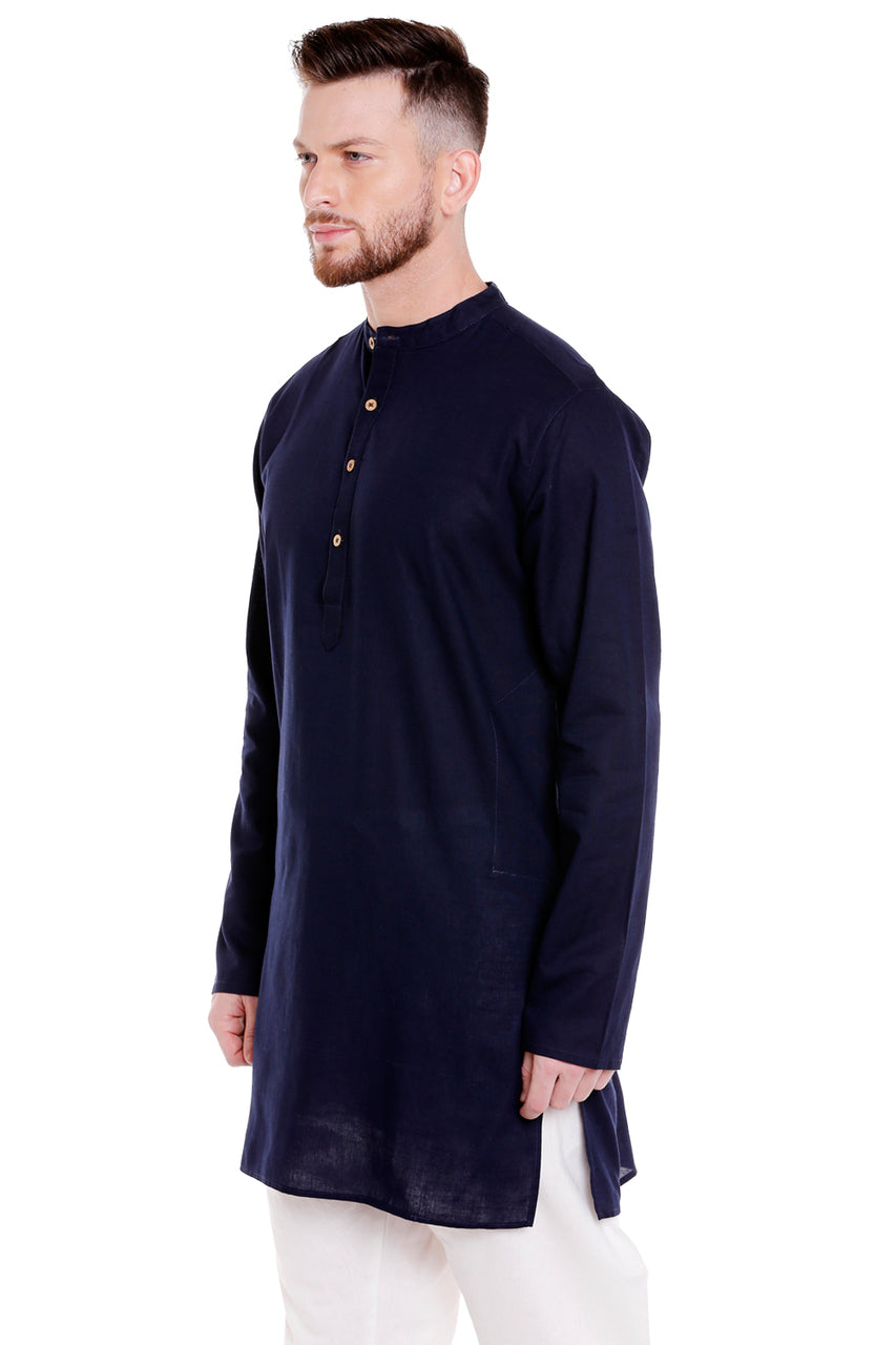 Men's navy denim mandarin collar knee-length kurta, alternate front view.