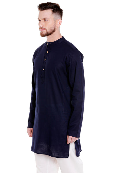 Men's navy denim mandarin collar knee-length kurta, alternate front view.
