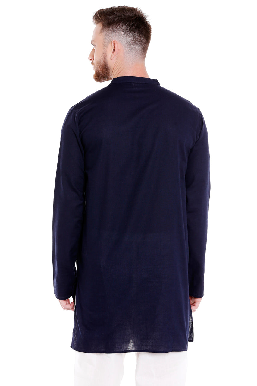 Men's navy denim mandarin collar knee-length kurta, alternate side view.