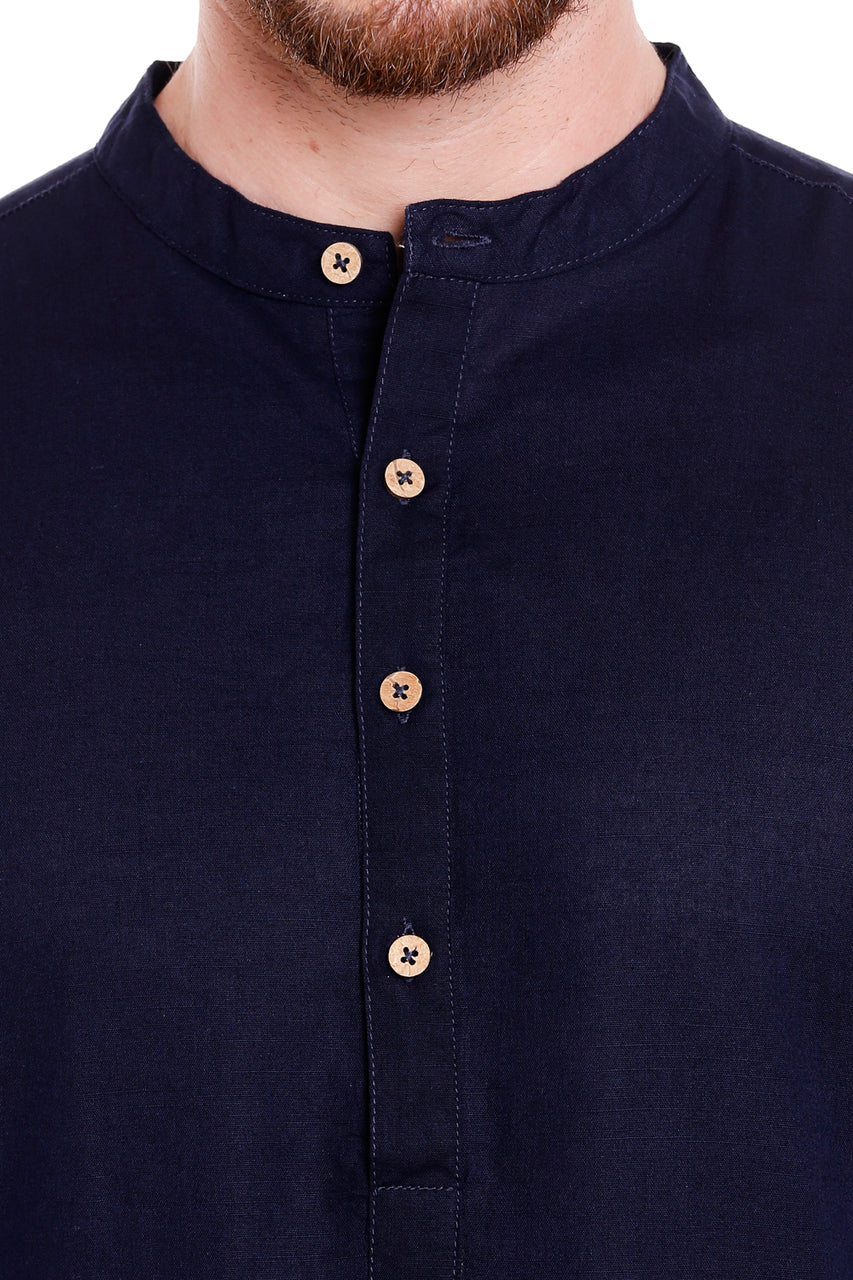 Men's navy denim mandarin collar knee-length kurta, back view.