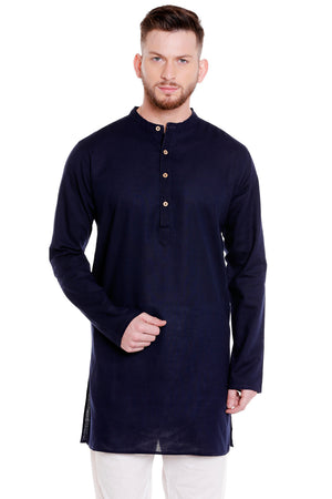 Men's navy denim mandarin collar knee-length kurta, front view.