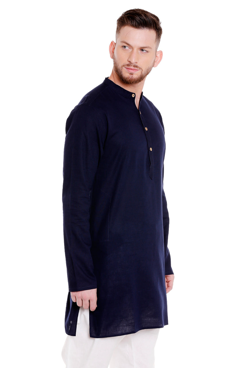 Men's navy denim mandarin collar knee-length kurta, side view.