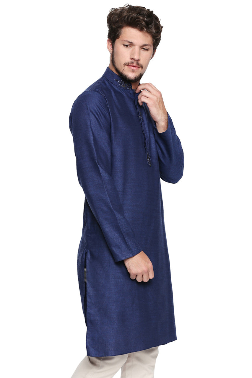 Men's navy embroidered cotton blend knee-length kurta, alternate front view.