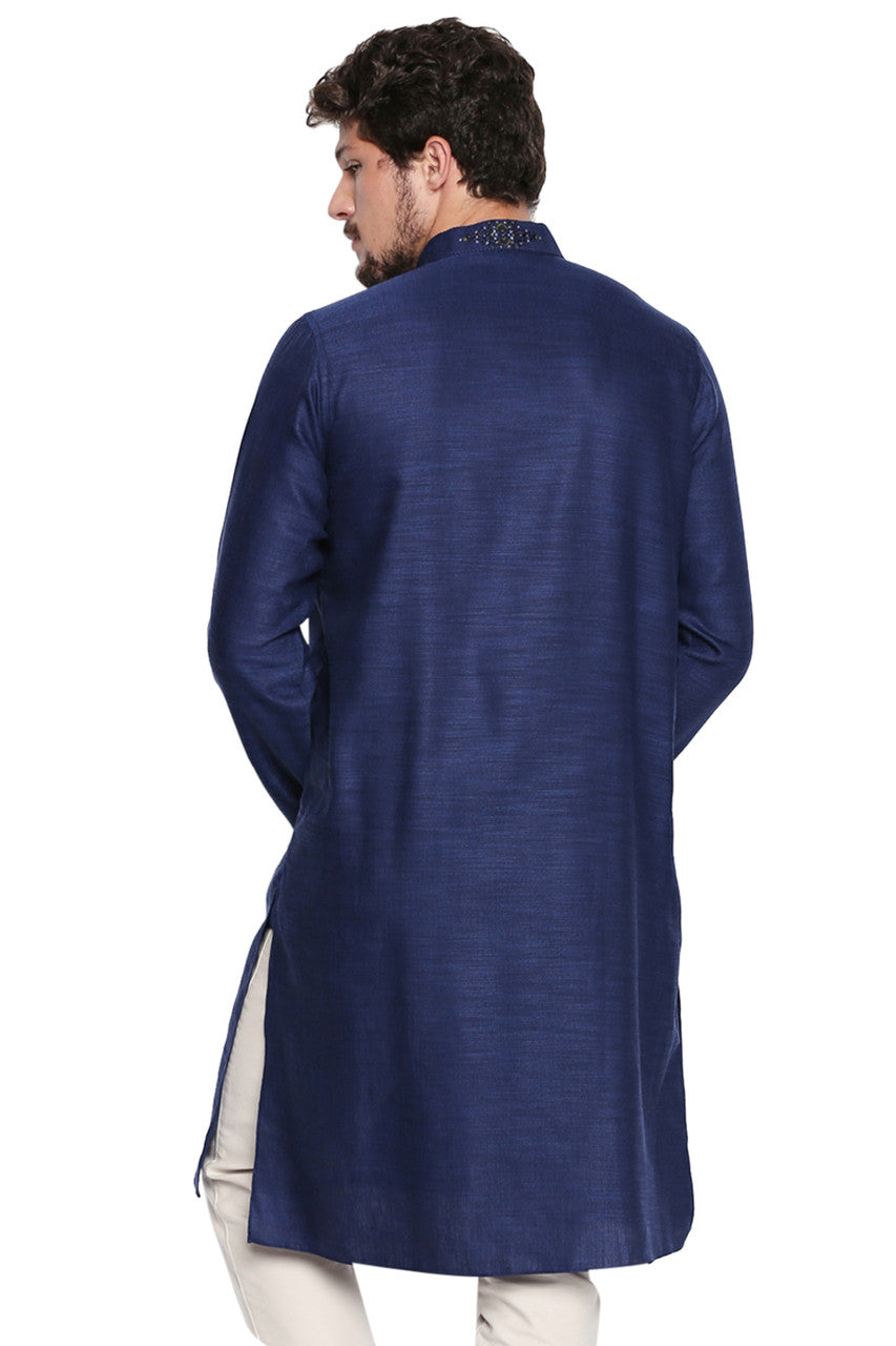 Men's navy embroidered cotton blend knee-length kurta, alternate side view.