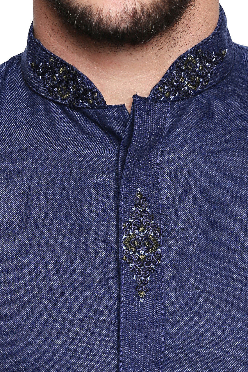Men's navy embroidered cotton blend knee-length kurta, back view.