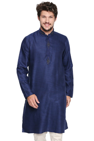 Men's navy embroidered cotton blend knee-length kurta, front view.