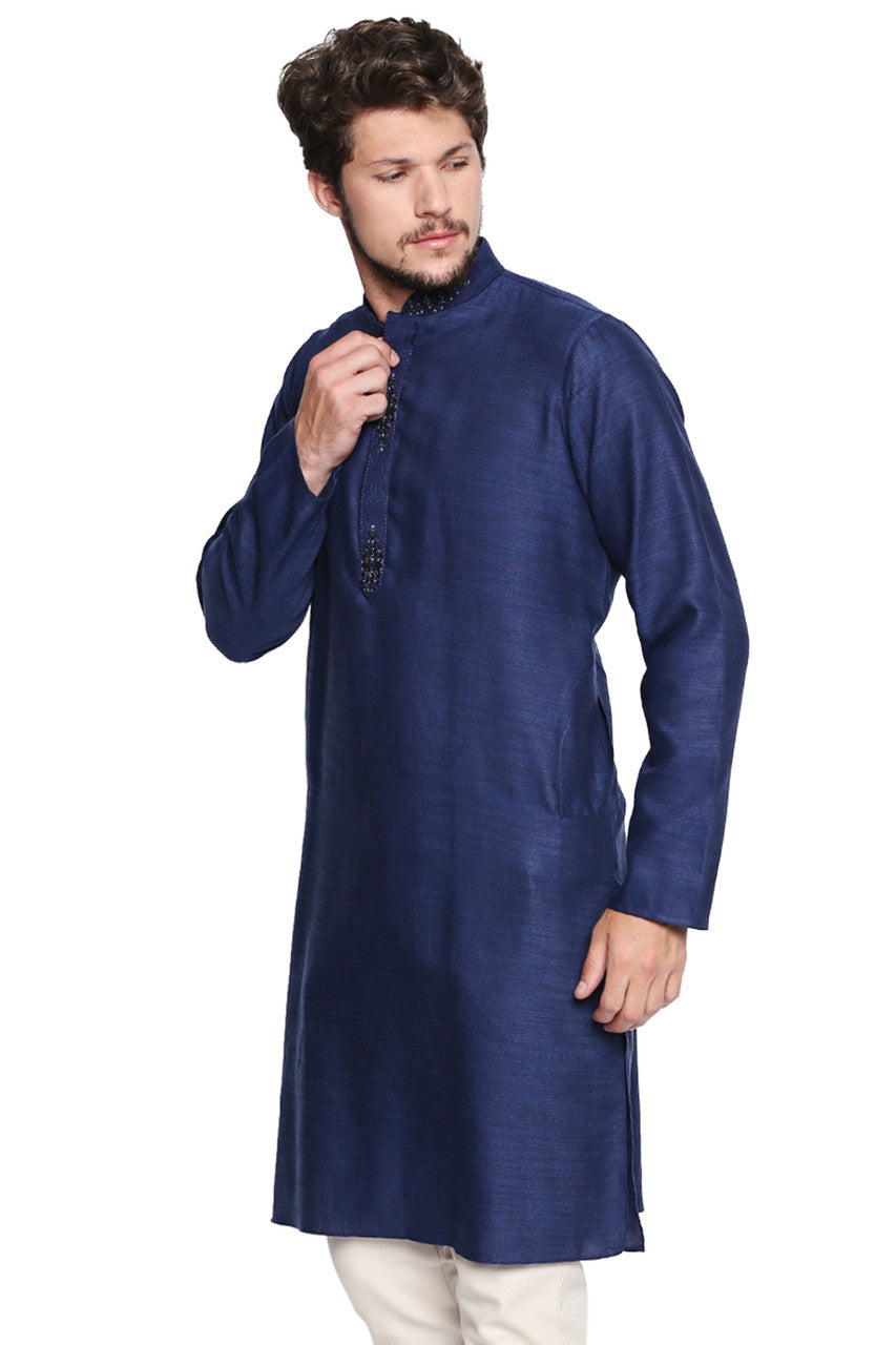 Men's navy embroidered cotton blend knee-length kurta, side view.