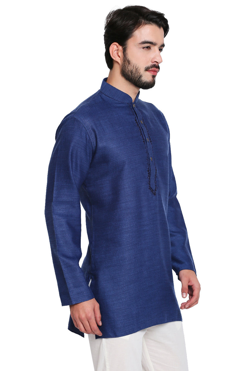 Men's navy embroidered cotton blend knee-length style 2, alternate front view.