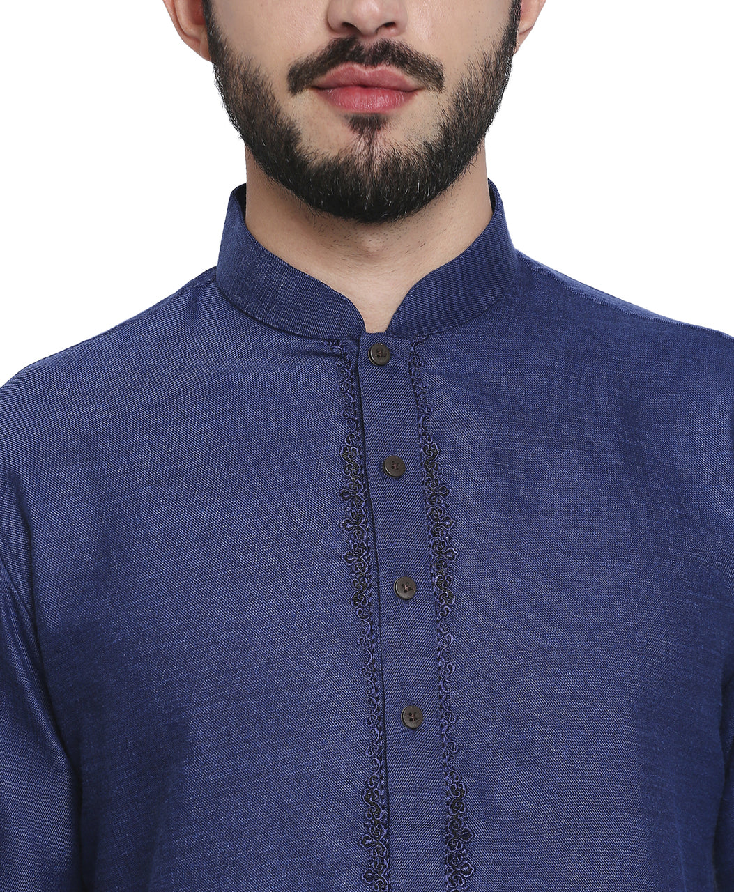 Men's navy embroidered cotton blend knee-length style 2, alternate side view.