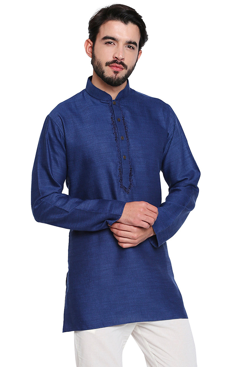 Men's navy embroidered cotton blend knee-length style 2, back view.
