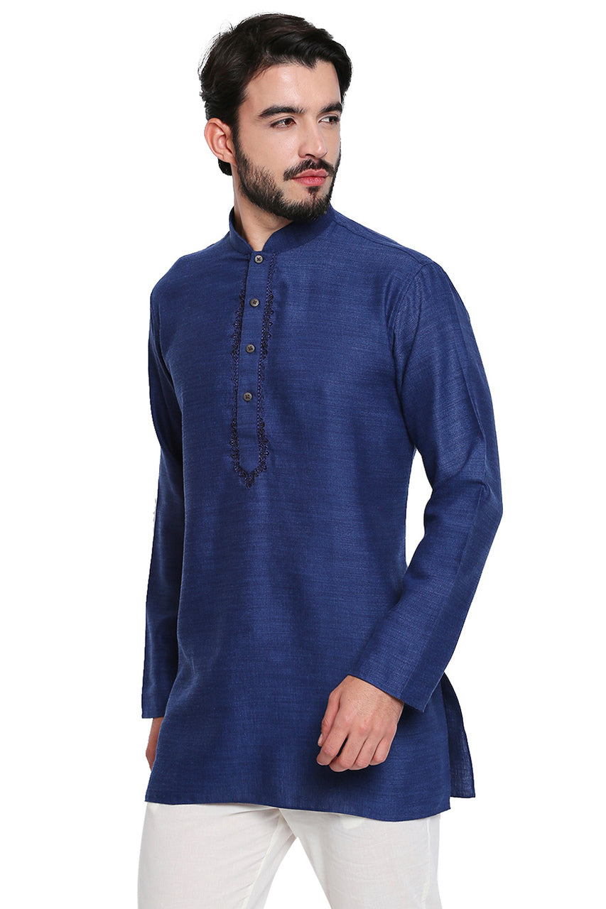 Men's navy embroidered cotton blend knee-length style 2, front view.