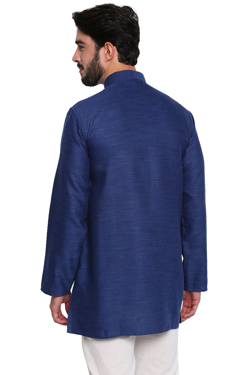 Men's navy embroidered cotton blend knee-length style 2, side view.