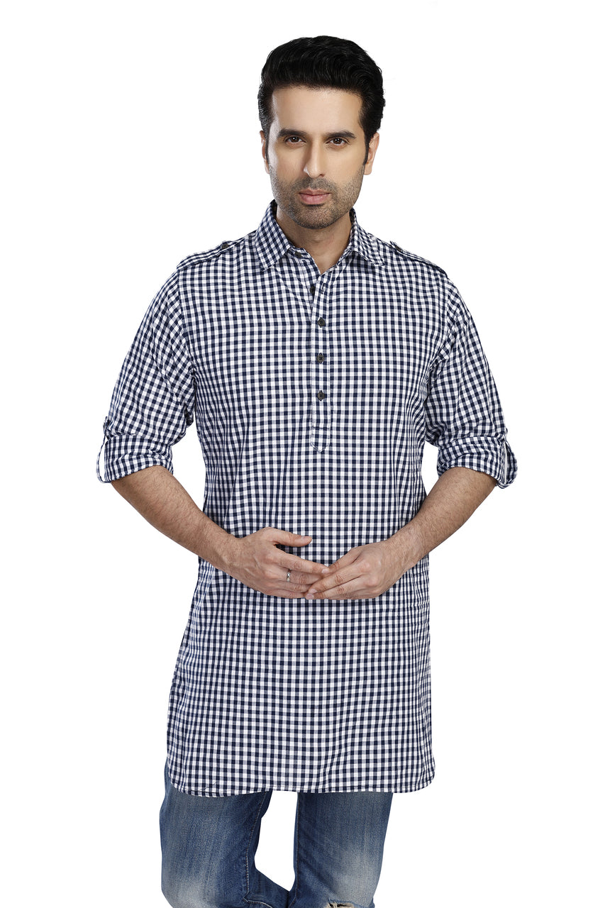 Product image 1 of men's navy gingham cotton Pathani roll-up sleeve kurta with shoulder strap, suitable for wedding guest outfits.