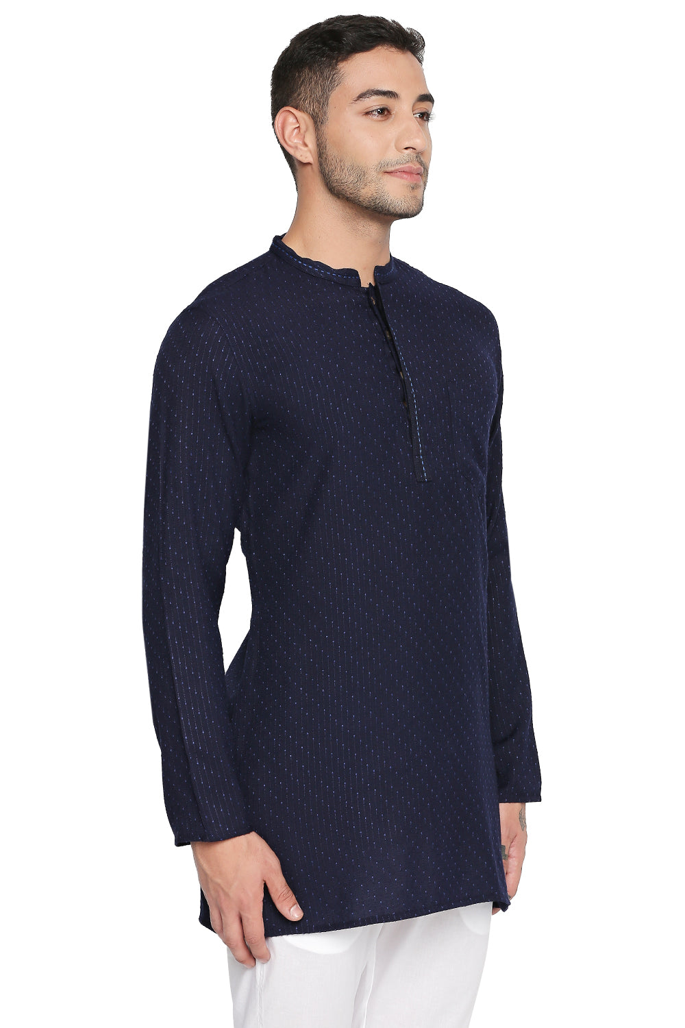 Men's navy hand-embroidered cotton blend knee-length kurta, alternate front view.