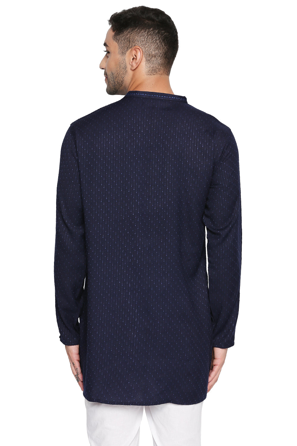 Men's navy hand-embroidered cotton blend knee-length kurta, alternate side view.