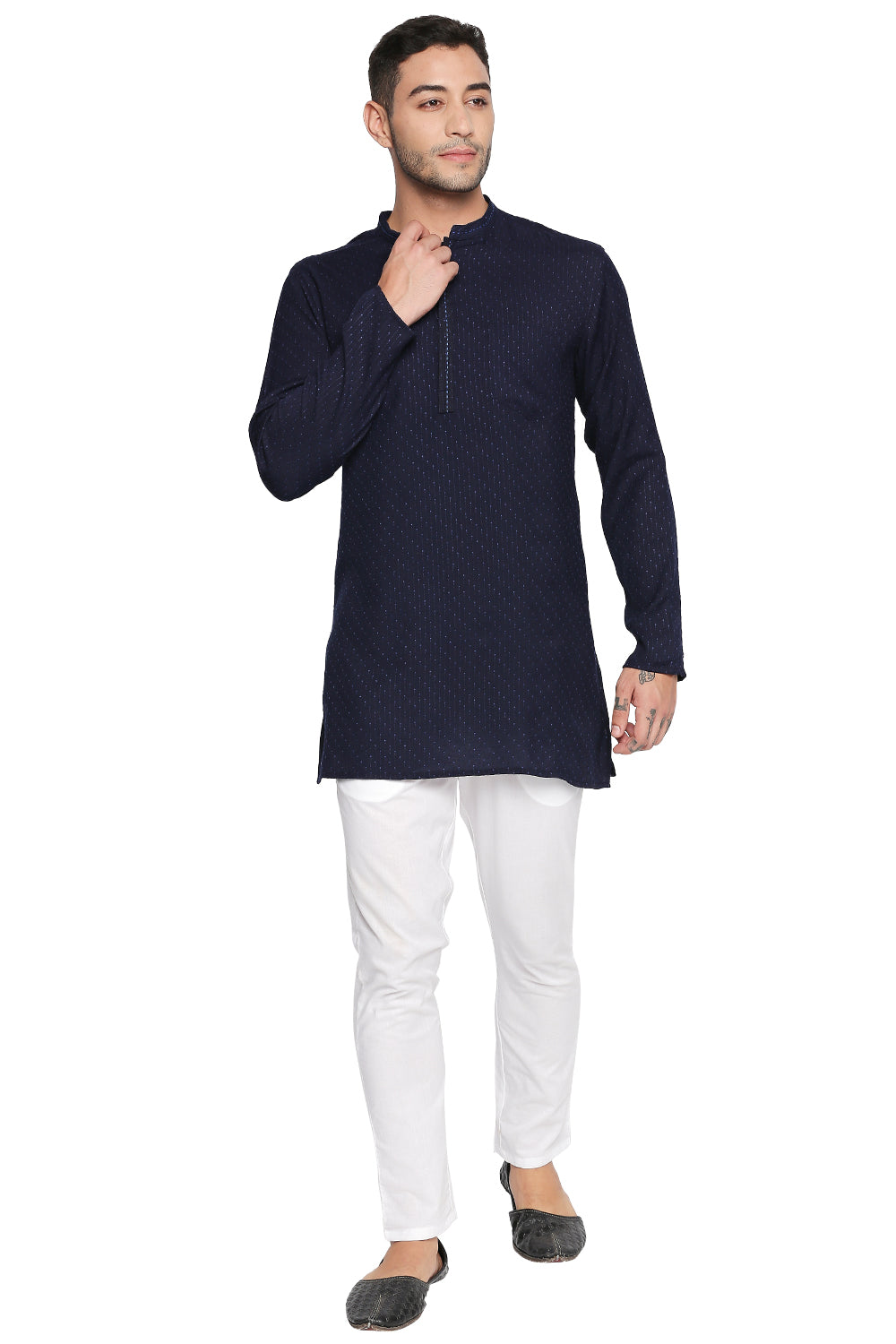 Men's navy hand-embroidered cotton blend knee-length kurta, back view.