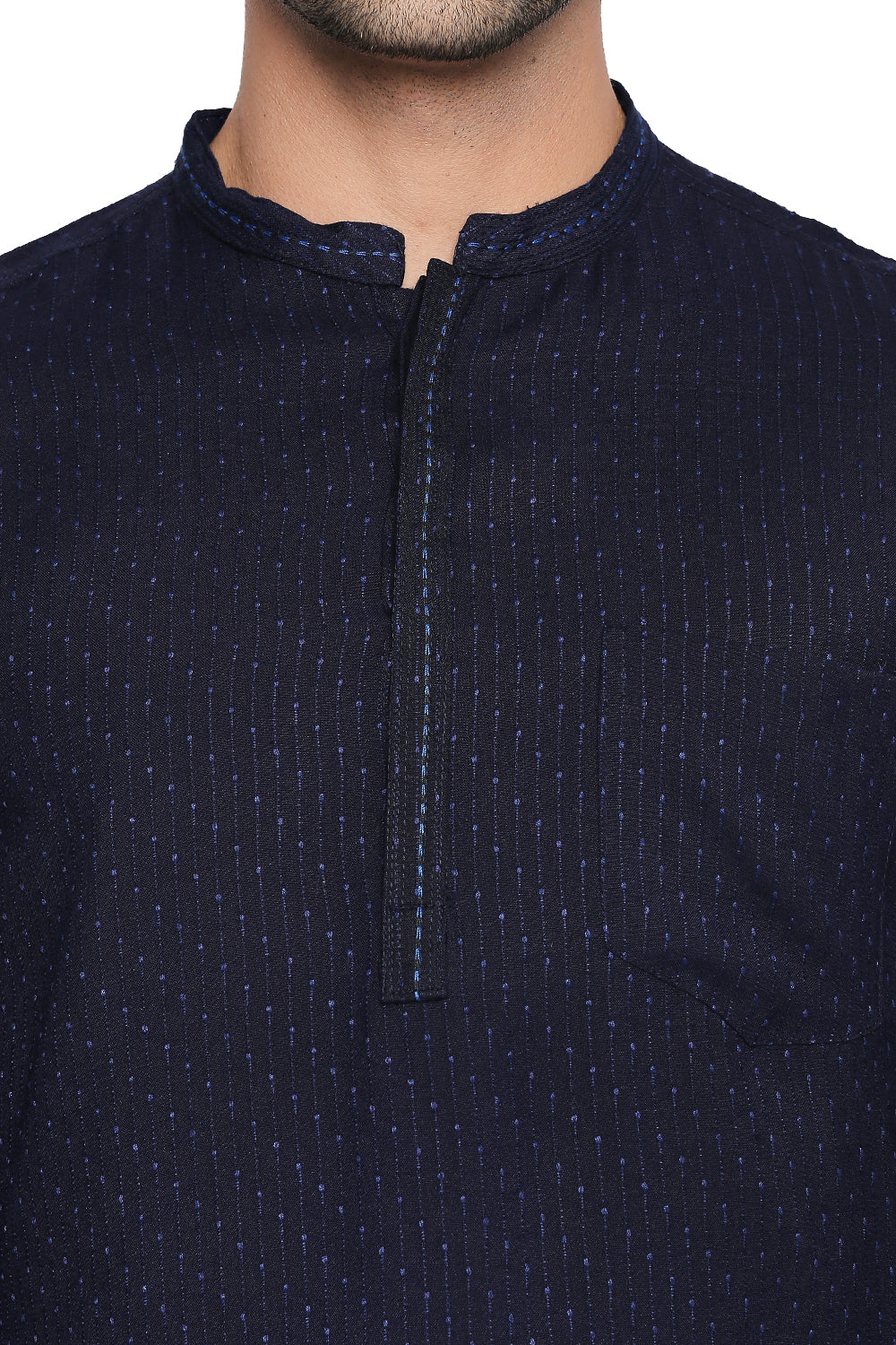 Men's navy hand-embroidered cotton blend knee-length kurta, close-up detail.