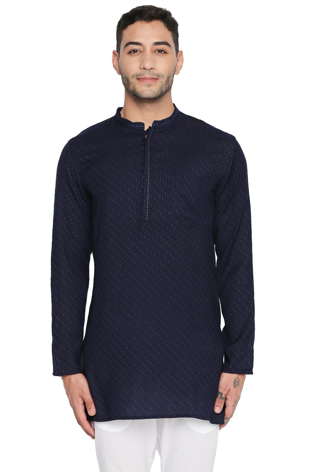 Men's navy hand-embroidered cotton blend knee-length kurta, front view.