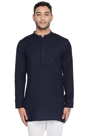 Men's navy hand-embroidered cotton blend knee-length kurta, front view.
