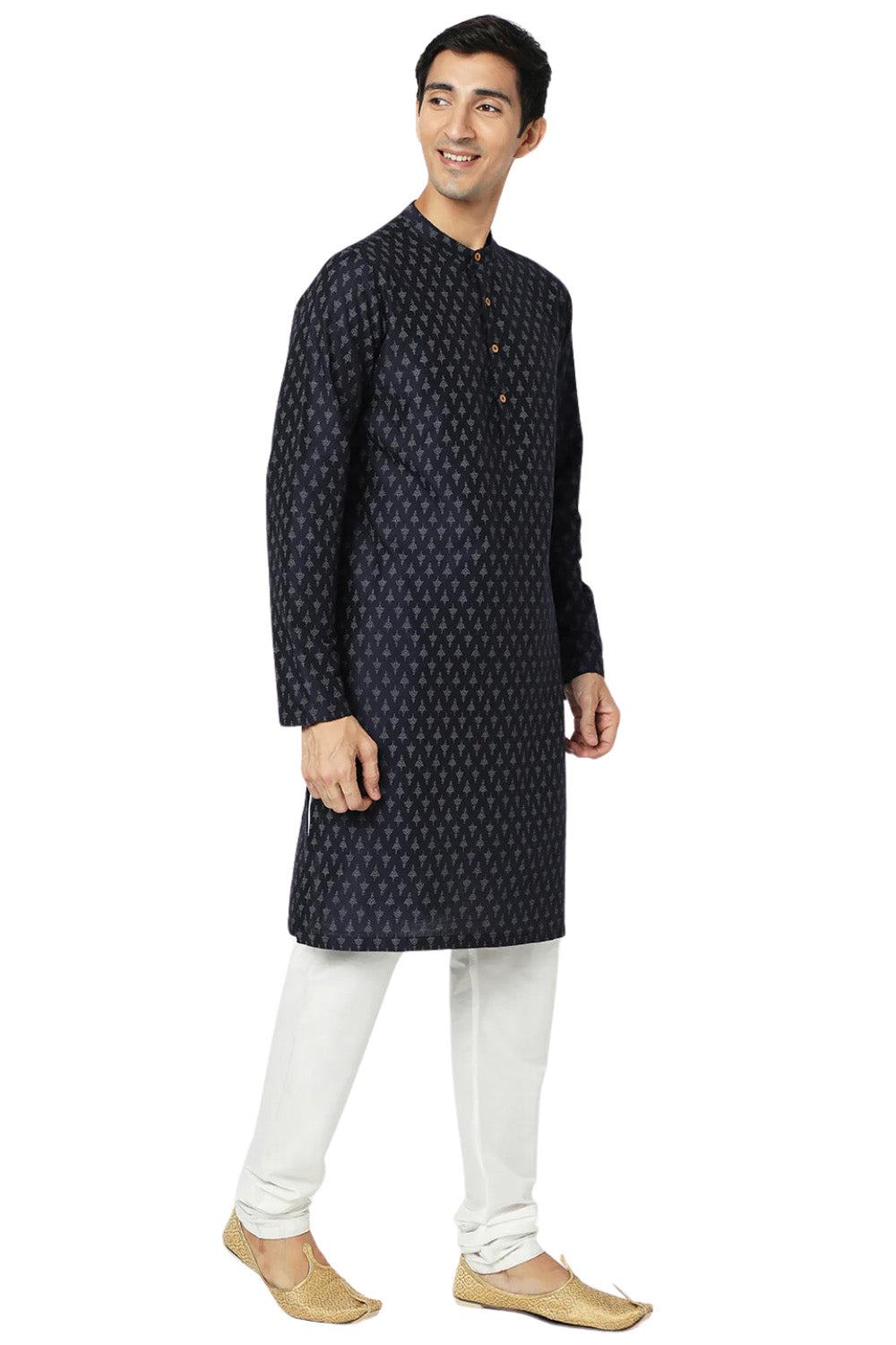 Men's navy mandarin collar knee-length kurta, alternate front view.