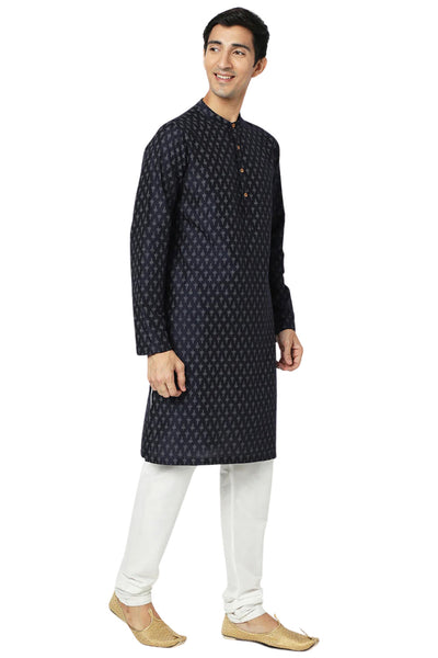 Men's navy mandarin collar knee-length kurta, alternate front view.