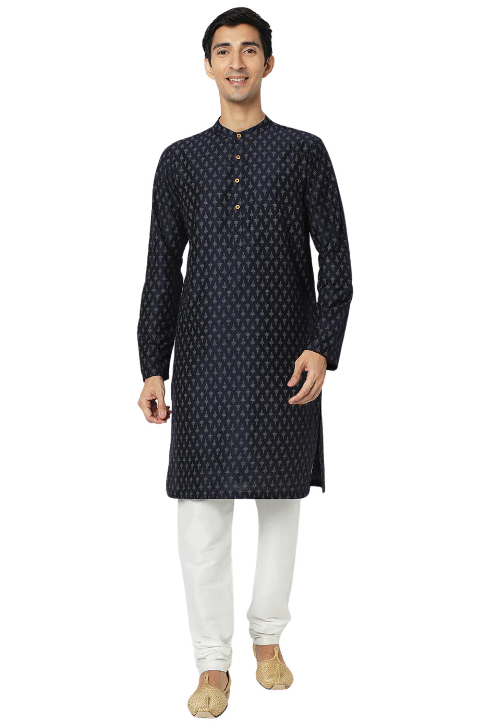 Men's navy mandarin collar knee-length kurta, alternate side view.