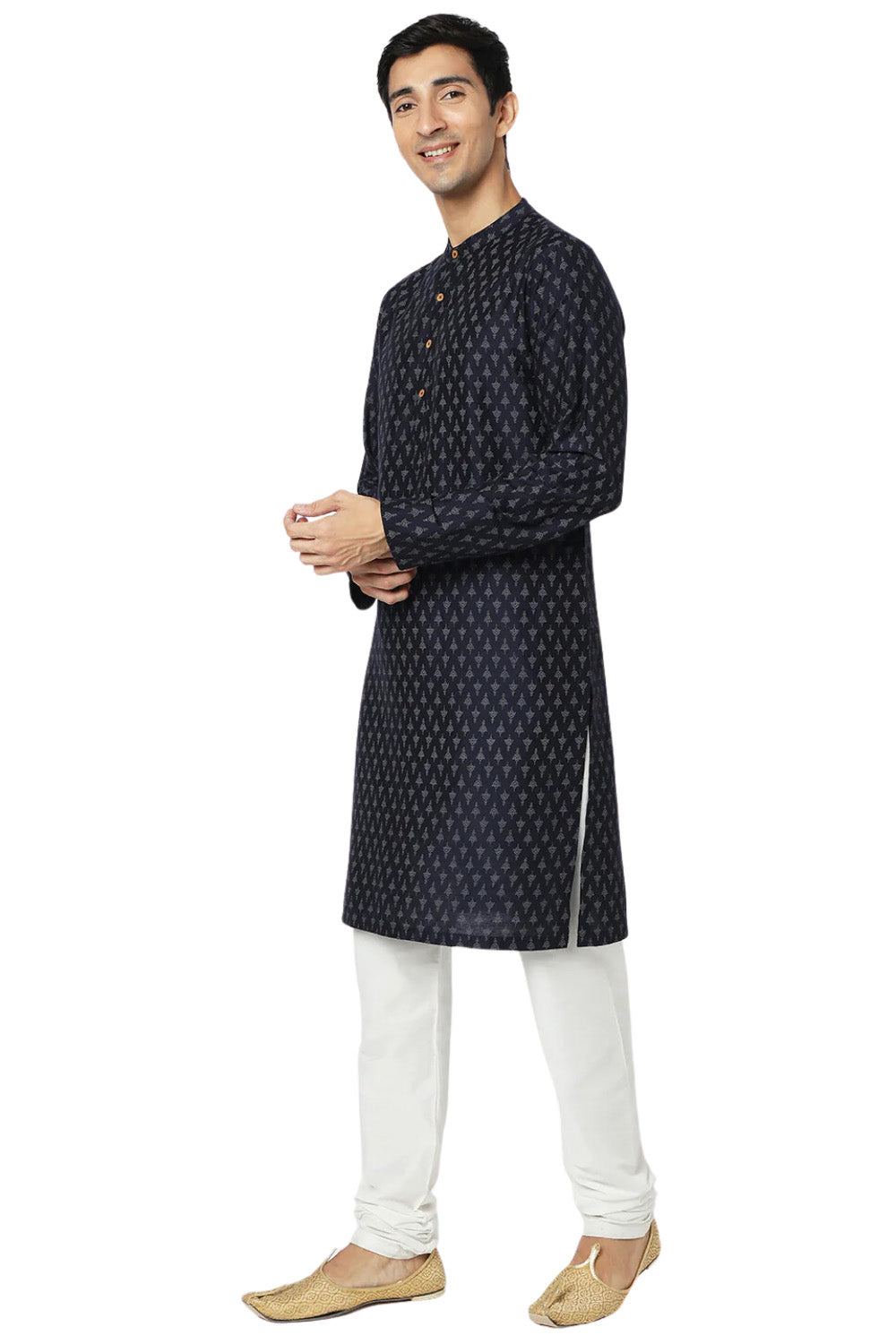 Men's navy mandarin collar knee-length kurta, back view.