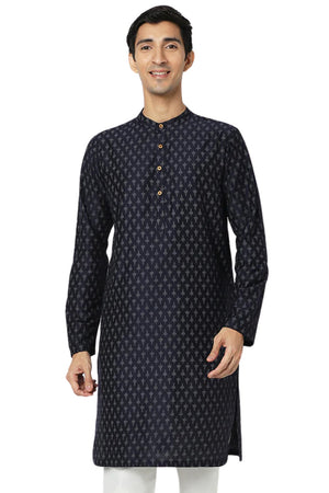 Men's navy mandarin collar knee-length kurta, front view.