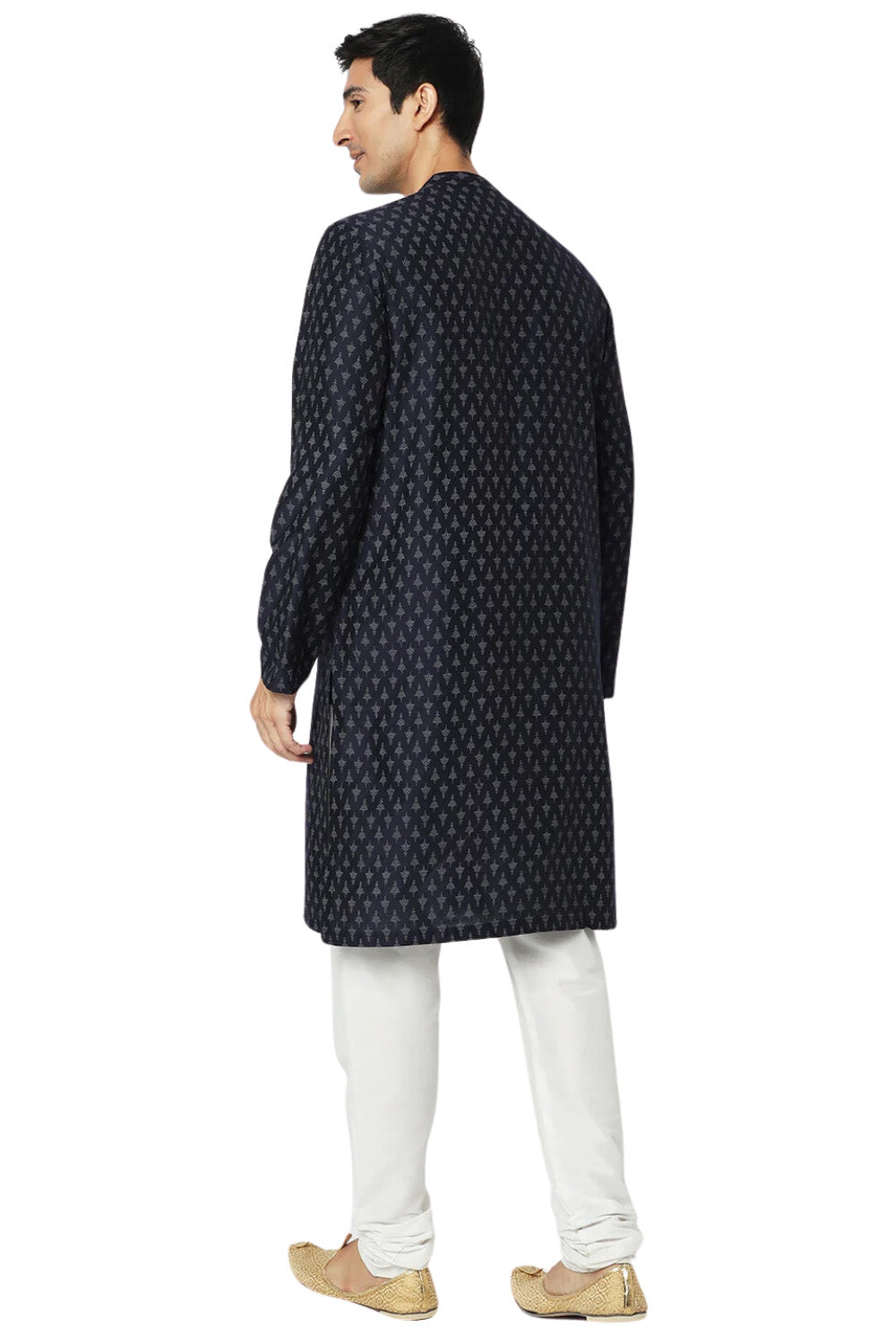 Men's navy mandarin collar knee-length kurta, side view.