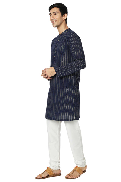 Men's navy pin-stripe cotton knee-length kurta, alternate front view.