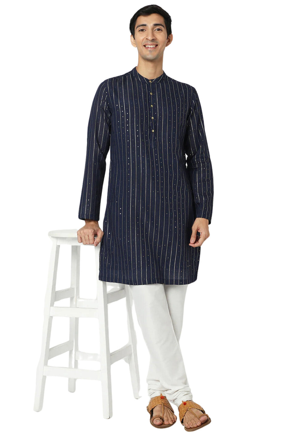 Men's navy pin-stripe cotton knee-length kurta, alternate side view.